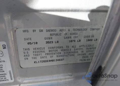 2010 Chevrolet Aveo Lt из США, поврежденный, VIN KL1TD5DE0AB134637